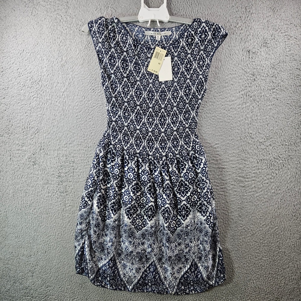 NEW Max Studio Women XS Blue White Geometric‎ Smocked Waist Cap Sleeve Dress NWT